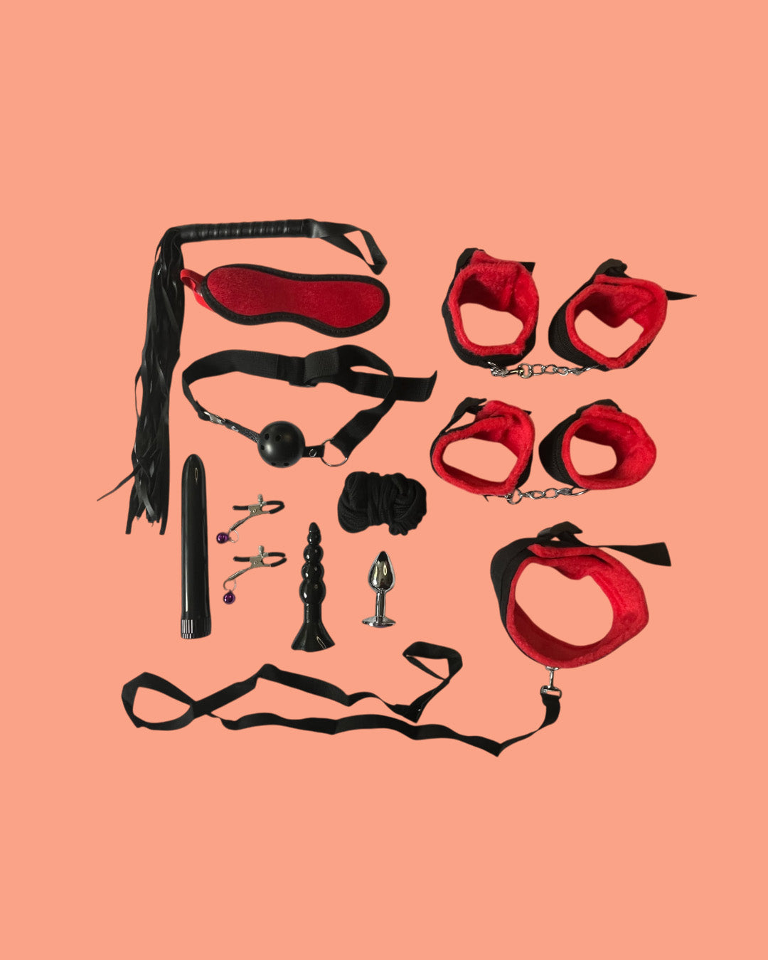 BDSM Set de 11 piezas ROJO Y NEGRO con plug anal y vibrador