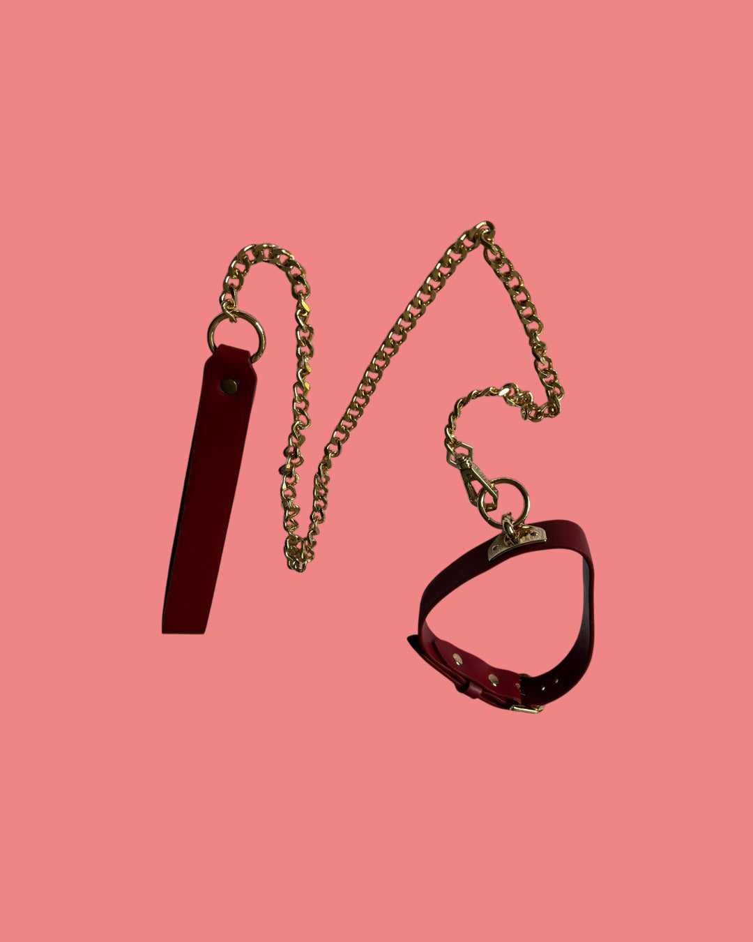 BDSM Collar con correa en cuero y cadena dorada ROJO