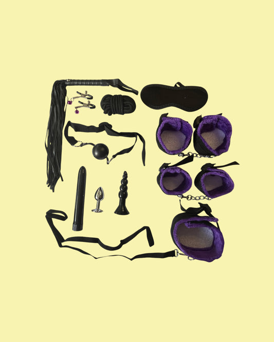 BDSM Set de 11 piezas PURPURA con plug anal y vibrador