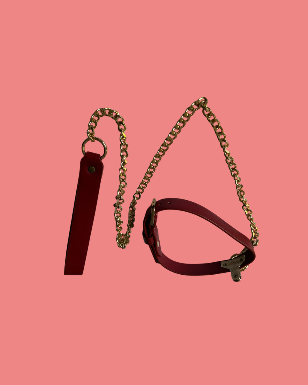 BDSM Collar con correa en cuero y cadena dorada ROJO
